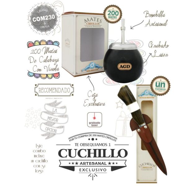 Combo 200 Mates Grabados CBombillaCaja  Un Cuchillo De Regalo